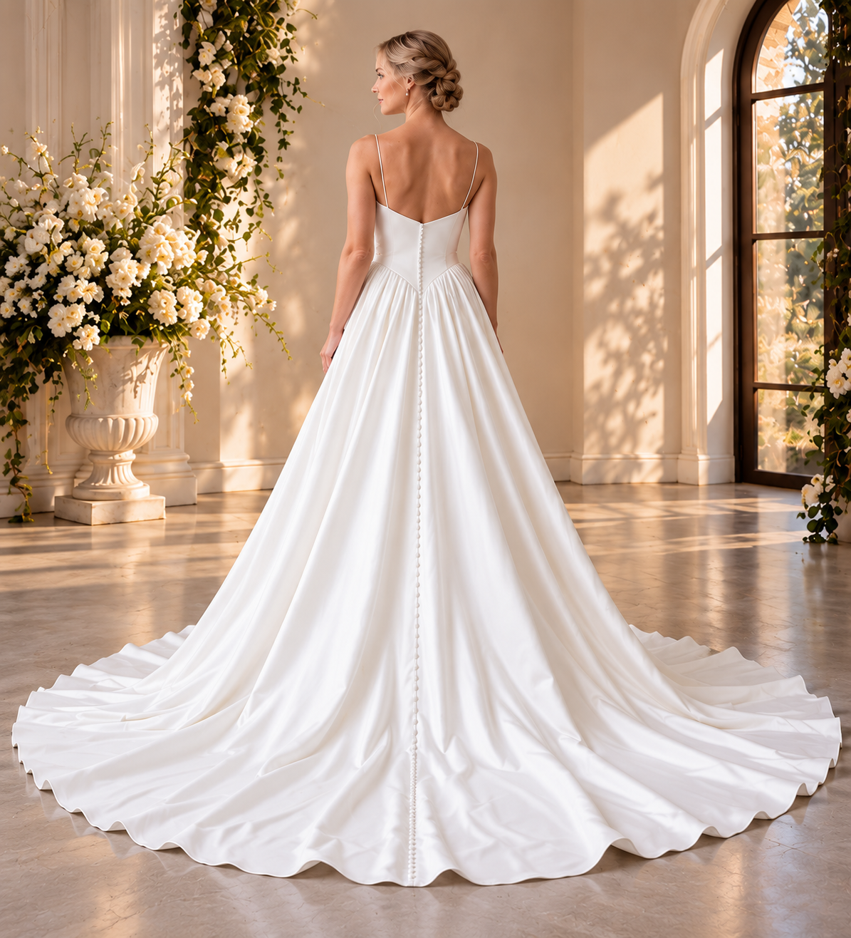 Satin A-Line Wedding Dress with Basque Waist & Pockets
