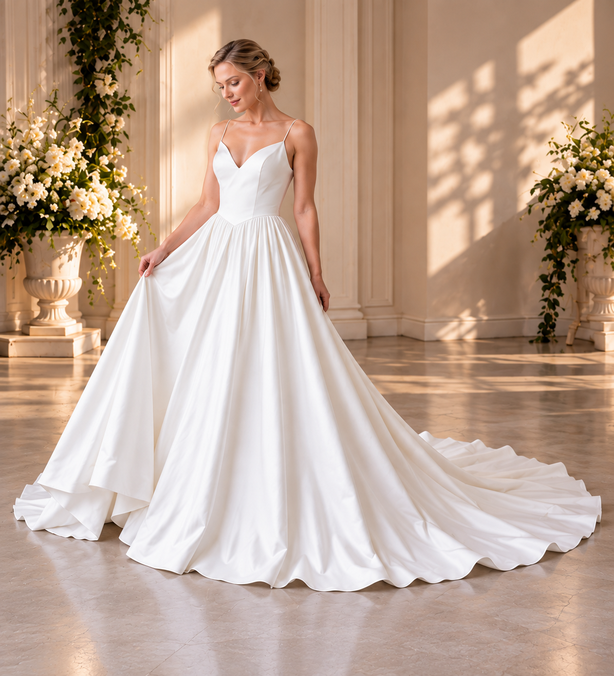 Satin A-Line Wedding Dress with Basque Waist & Pockets