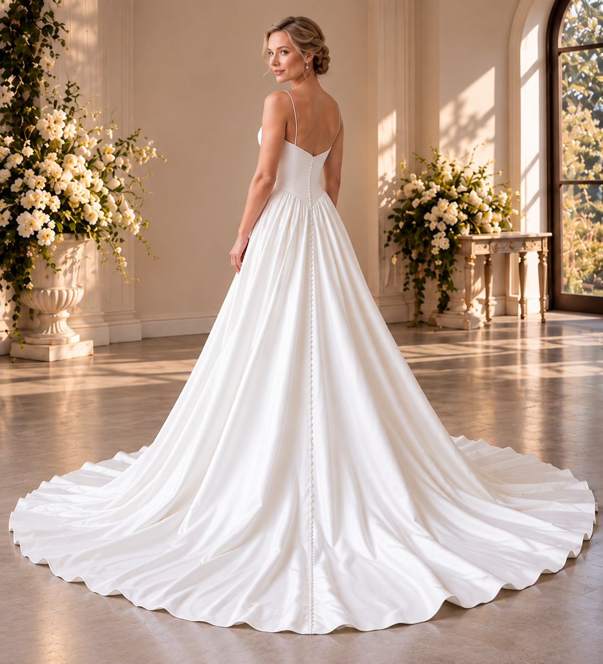 Satin A-Line Wedding Dress with Basque Waist & Pockets