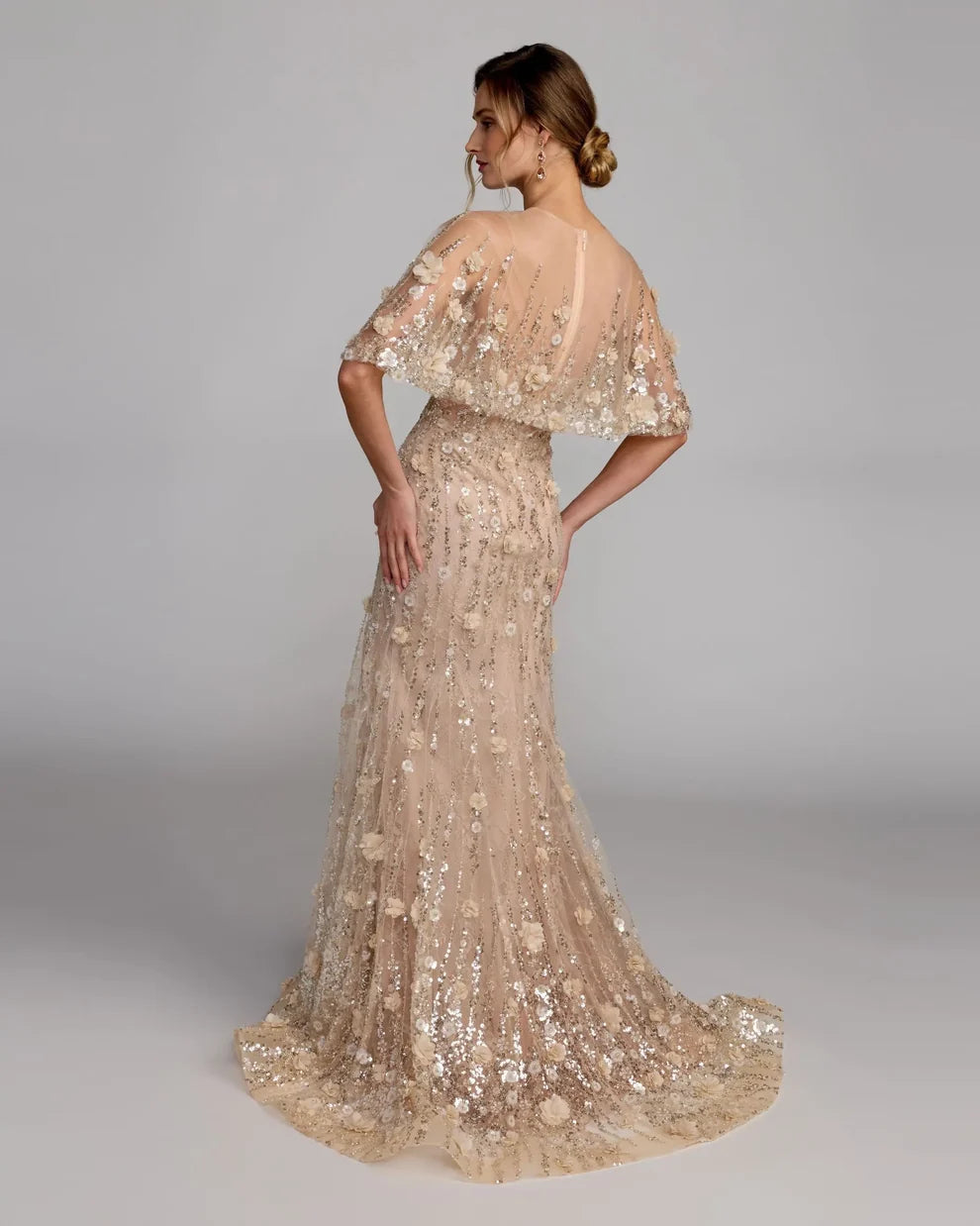 Mac Duggal Almond Embellished Cape Sleeve Evening Gown