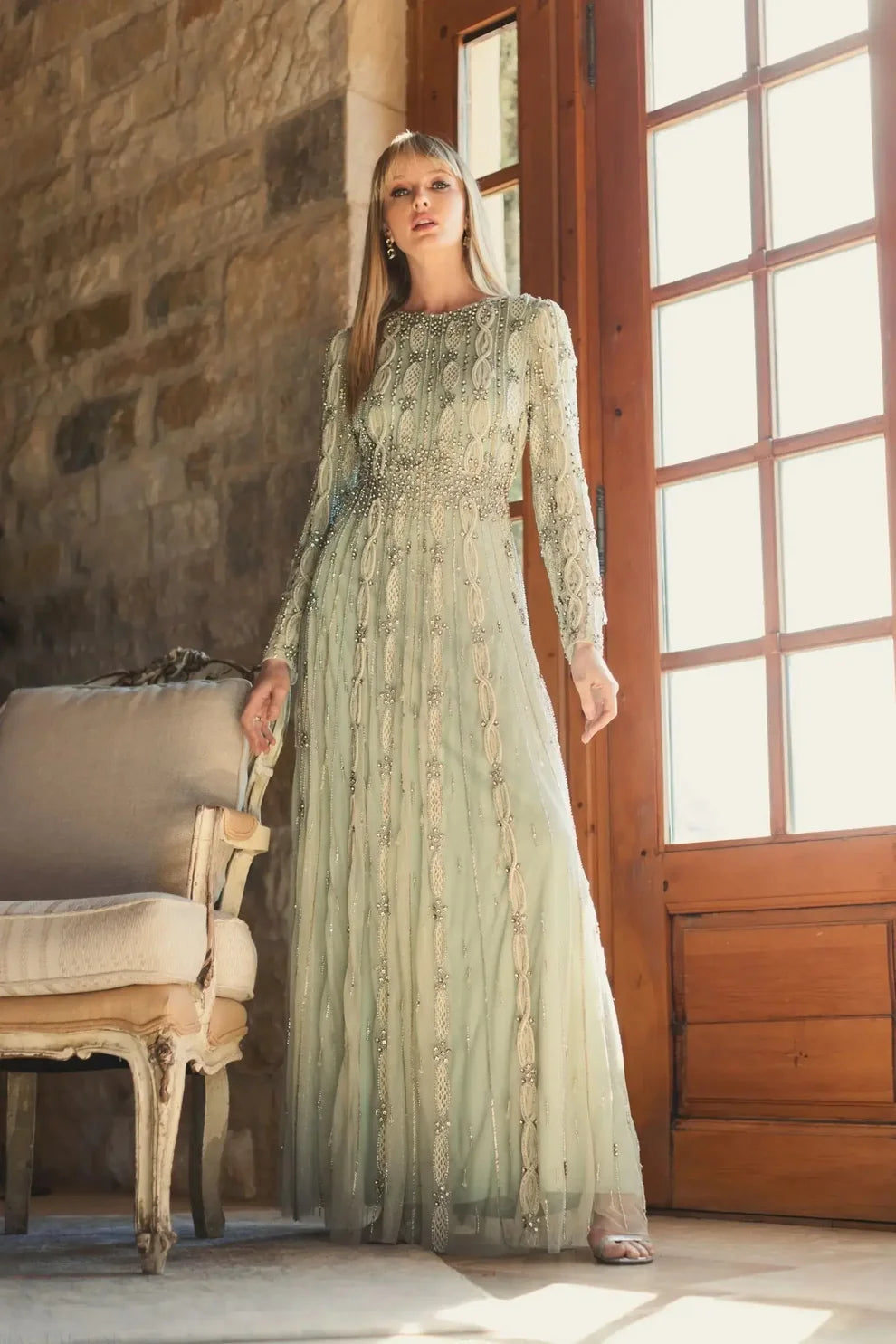 Mac Duggal Nude Sage Embellished Illusion Sleeve A-Line Gown