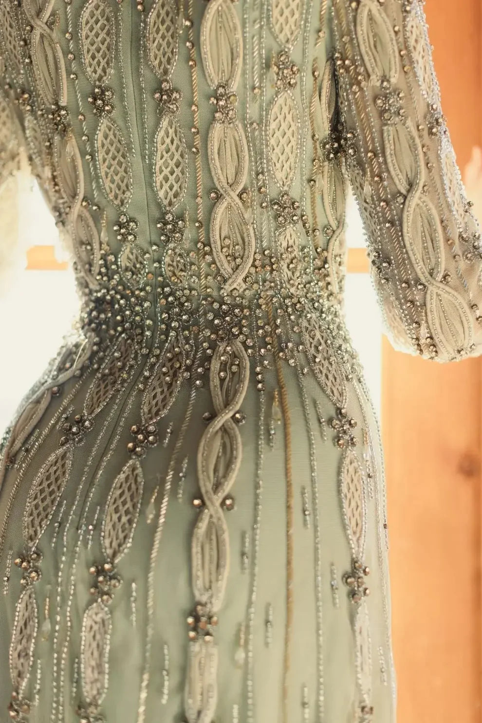 Mac Duggal Nude Sage Embellished Illusion Sleeve A-Line Gown