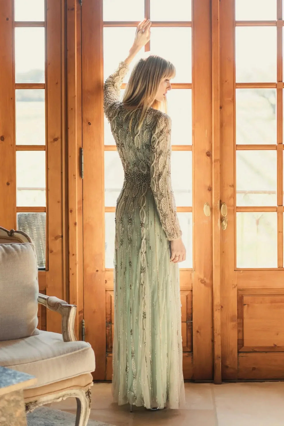 Mac Duggal Nude Sage Embellished Illusion Sleeve A-Line Gown