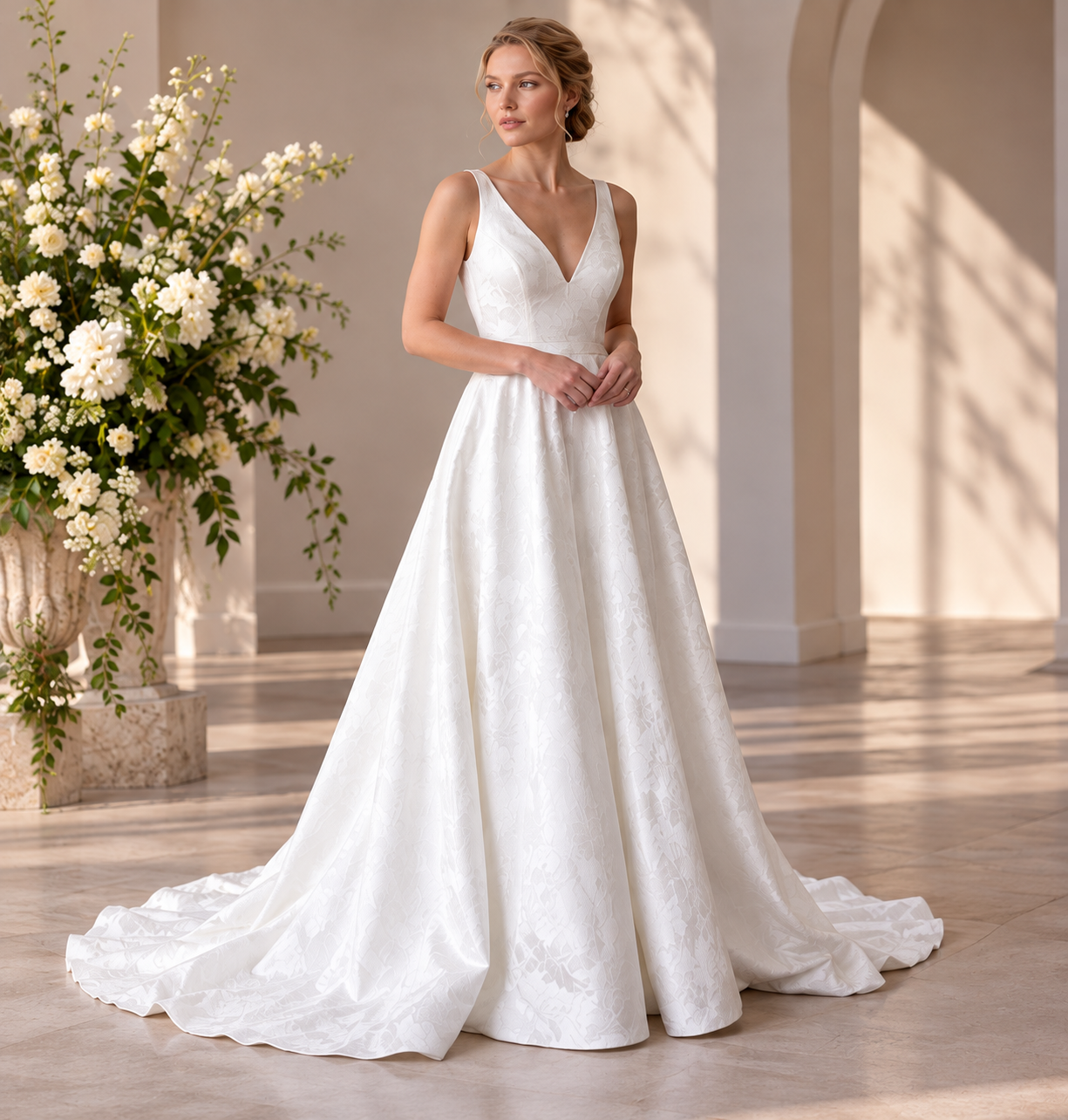 Ivory Brocade A-Line Wedding Gown with Pockets & Keyhole Back