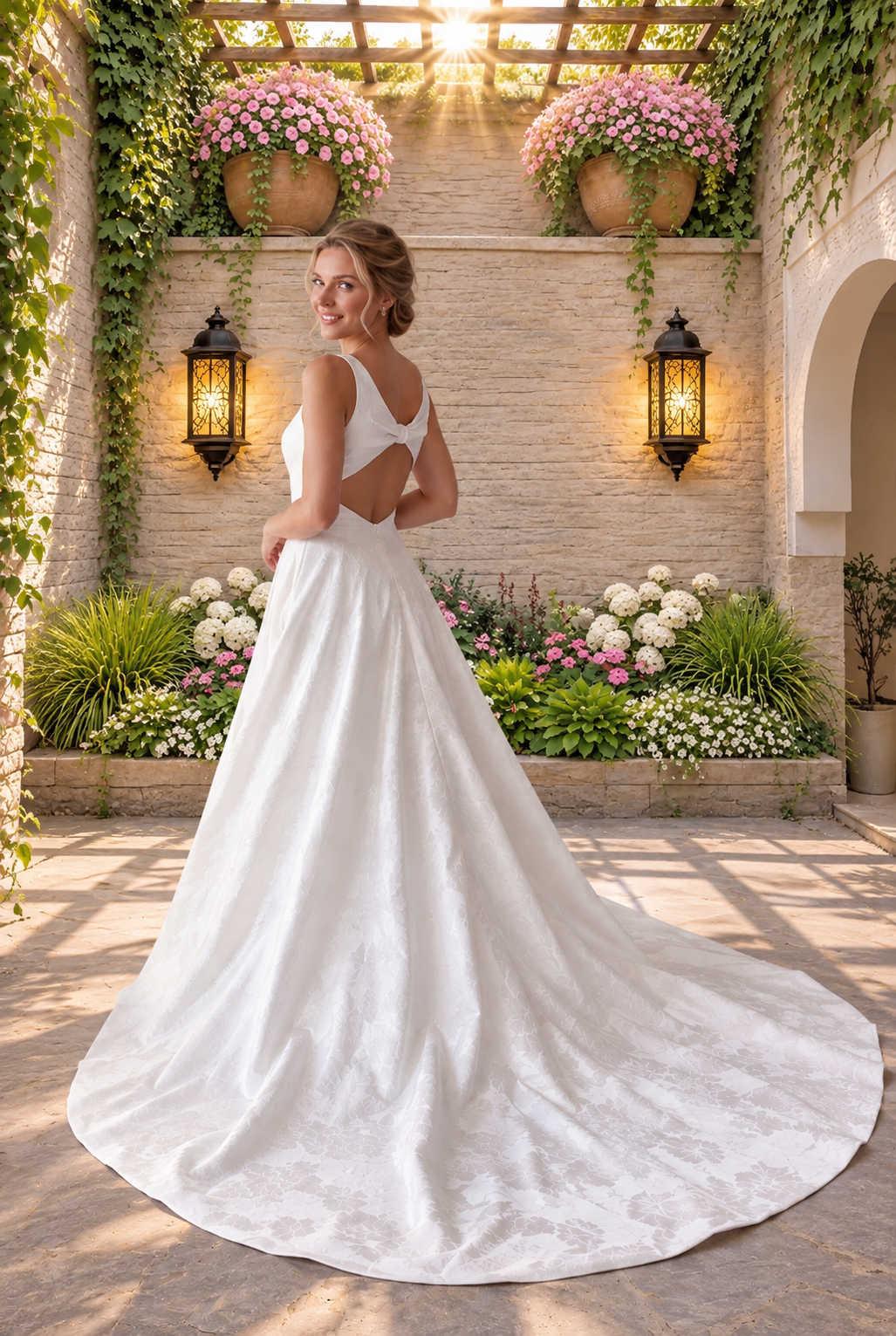 Ivory Brocade A-Line Wedding Gown with Pockets & Keyhole Back