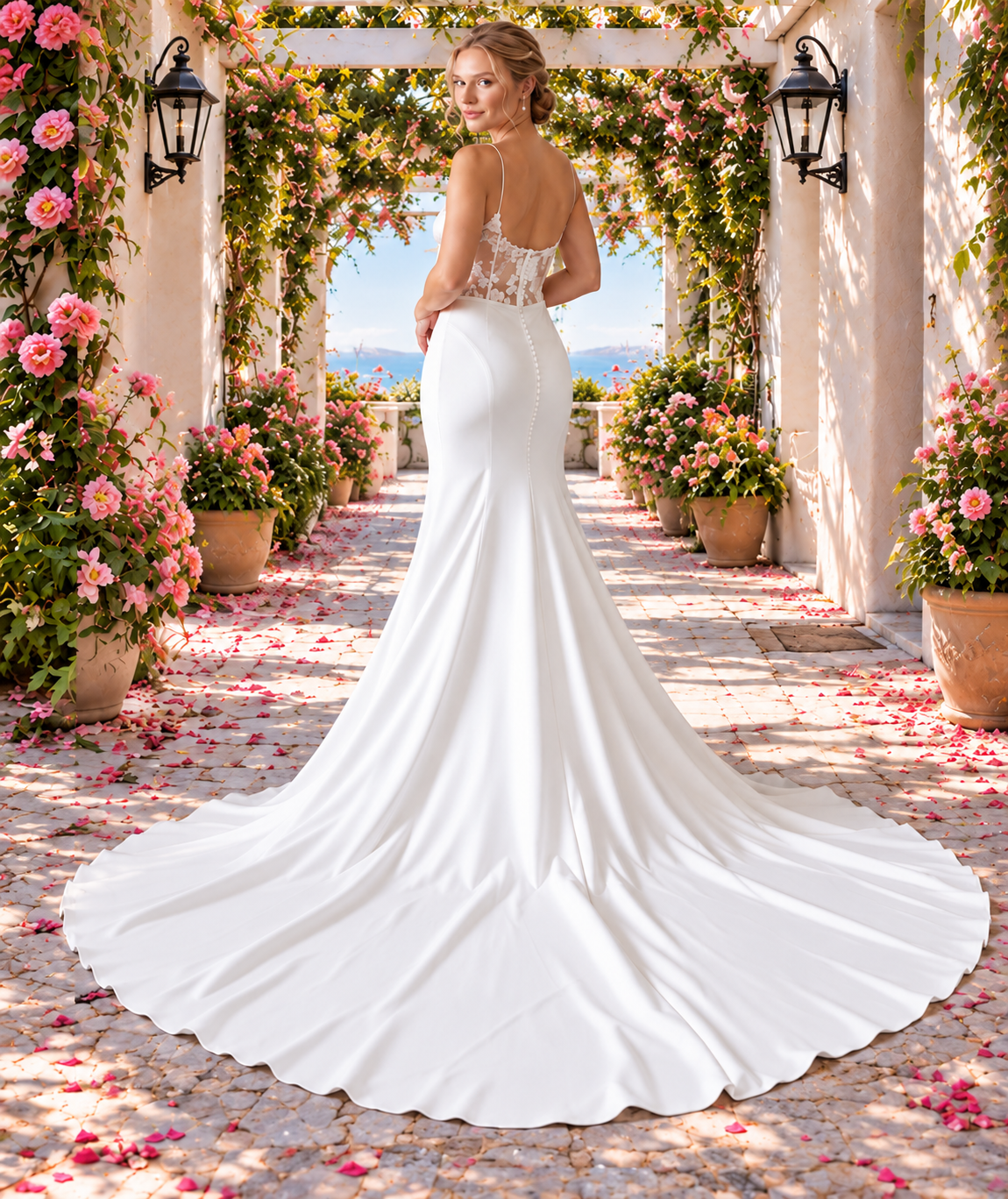 Ivory Crepe Fit-and-Flare Wedding Gown with Unlined Bodice & Buttons