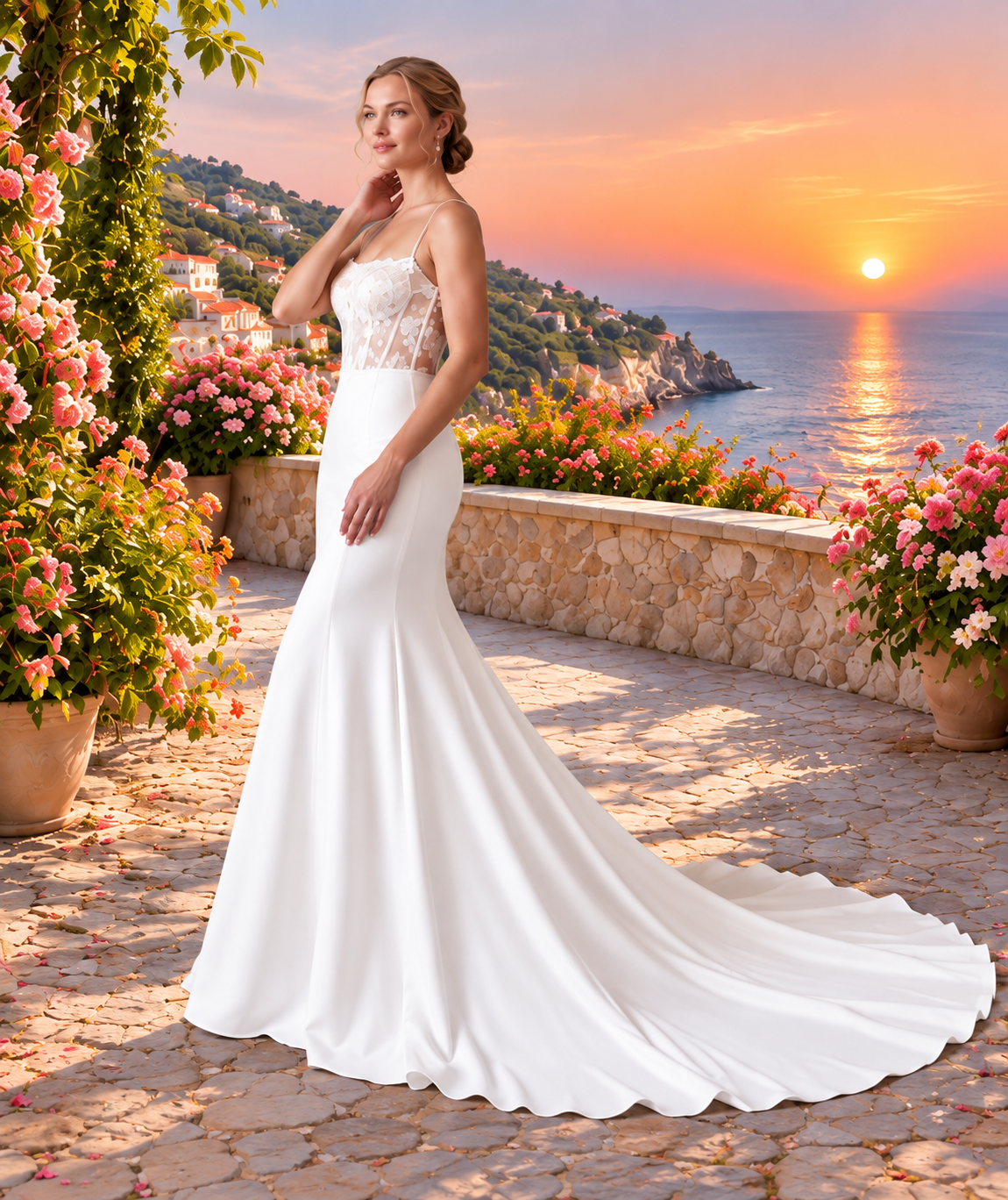 Ivory Crepe Fit-and-Flare Wedding Gown with Unlined Bodice & Buttons