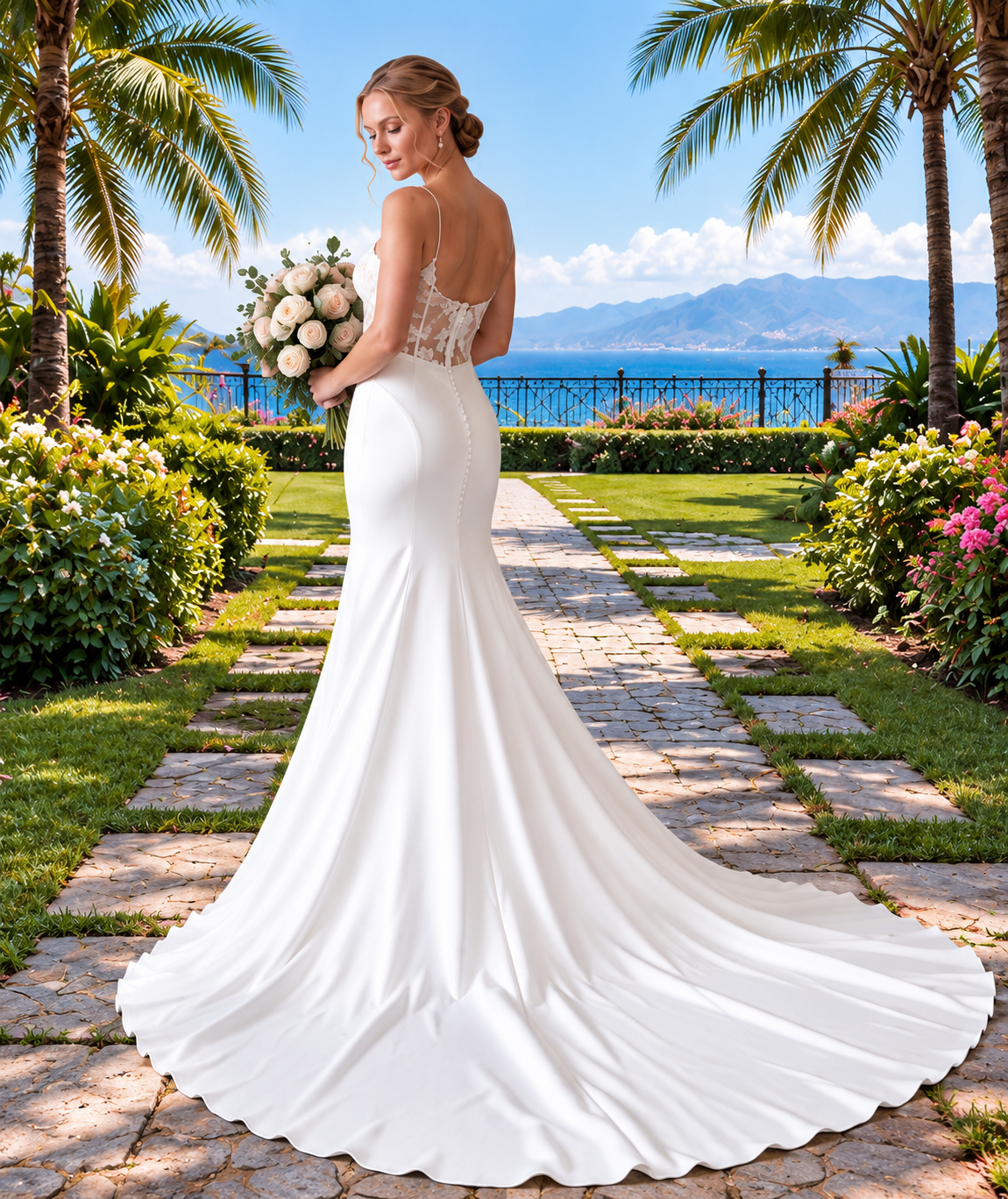 Ivory Crepe Fit-and-Flare Wedding Gown with Unlined Bodice & Buttons