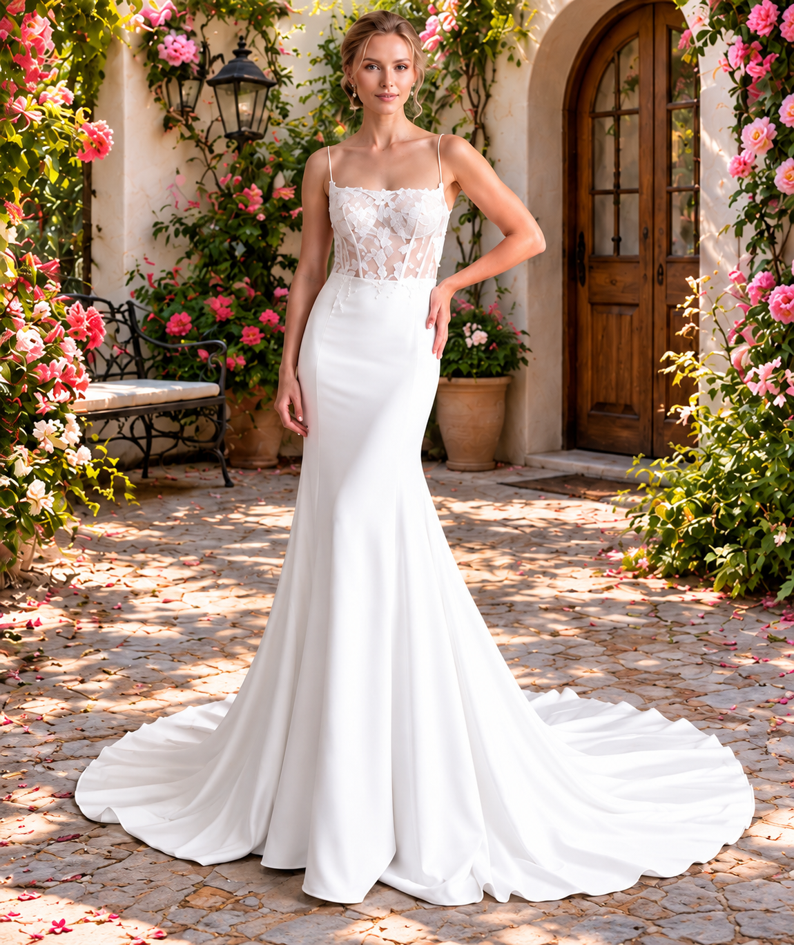 Ivory Crepe Fit-and-Flare Wedding Gown with Unlined Bodice & Buttons
