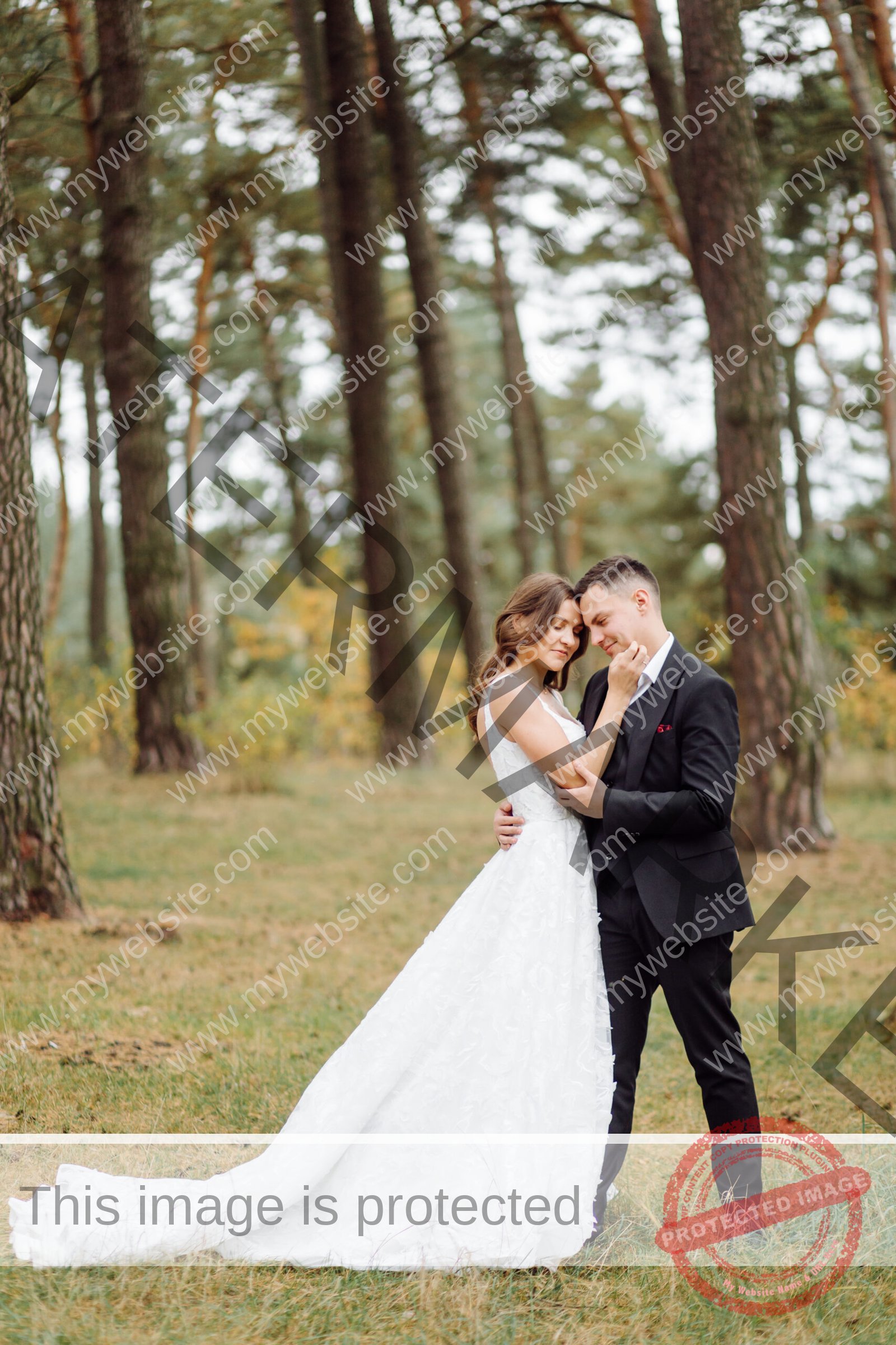 The bride and groom run through a forest. Wedding photo shoot.