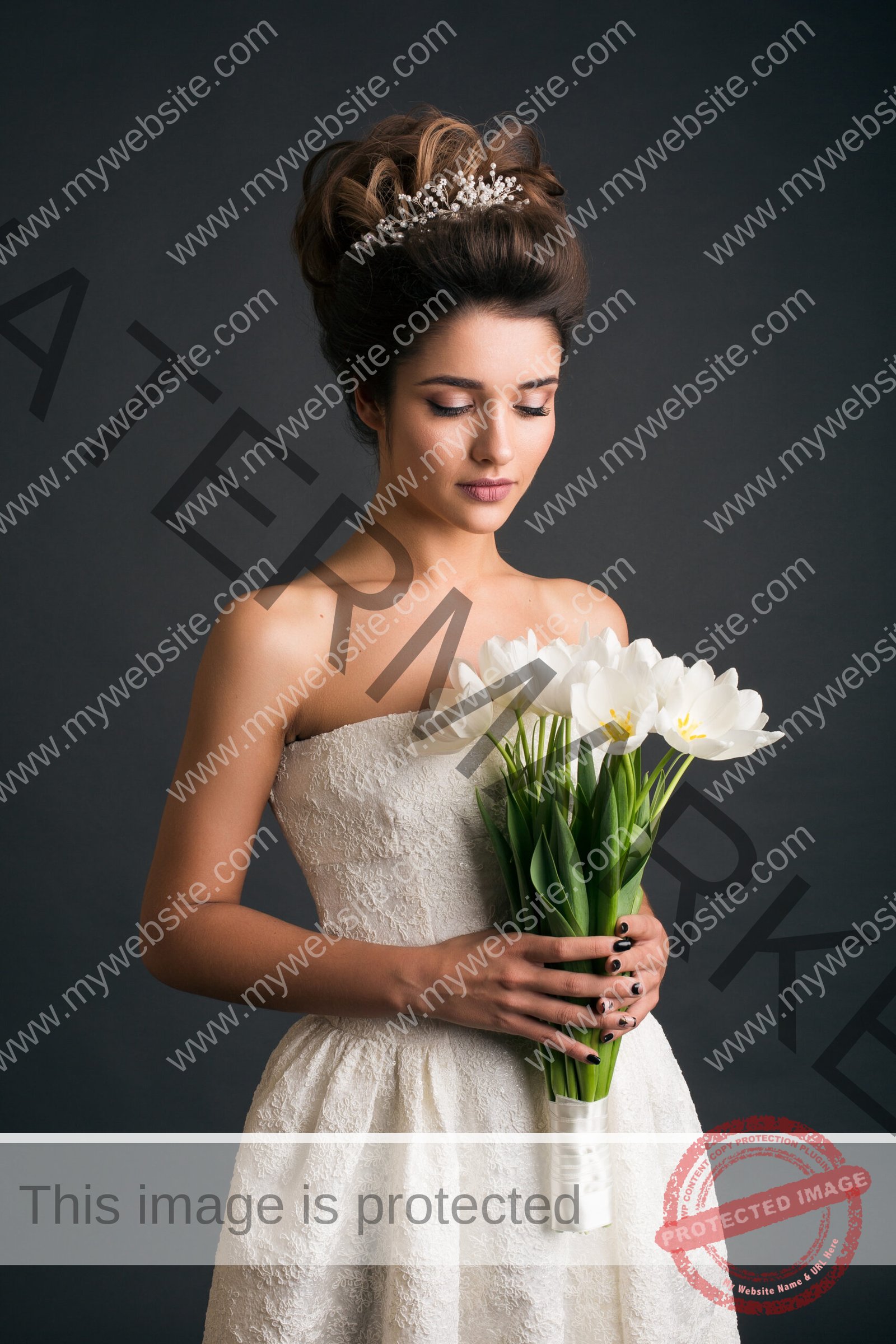 young beautiful stylish woman, bride, bridal fashion, spring trend, flowers, tulips, hairstyle, beauty make-up, white dress, tenderness, innocence, dark background